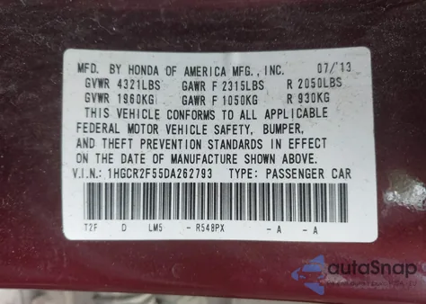 2013 Honda Accord Sport из США, поврежденный, VIN 1HGCR2F55DA262793